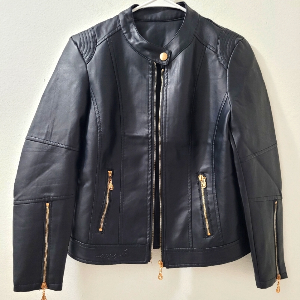 Black Pleather jacket, very cute on:) Like New!
